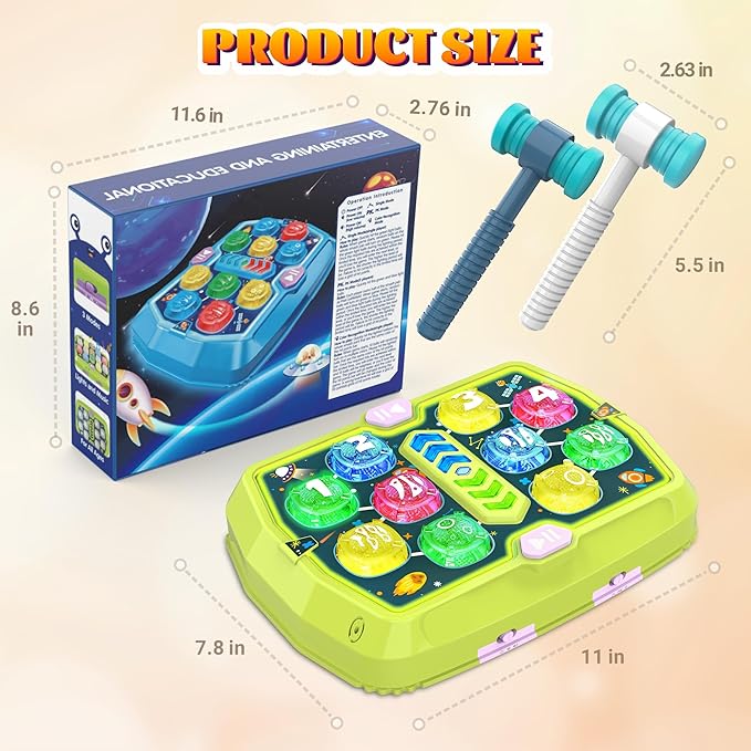 Hammer Mole Game Toy for Toddler, Toys for 3 4 5 6+ Year Old Boys/Girls, Interactive Educational Pounding Toys with 2 Hammers, Music & Light, 3 Modes, Birthday Xmas Gifts for Boys Girls Kids Age 3+