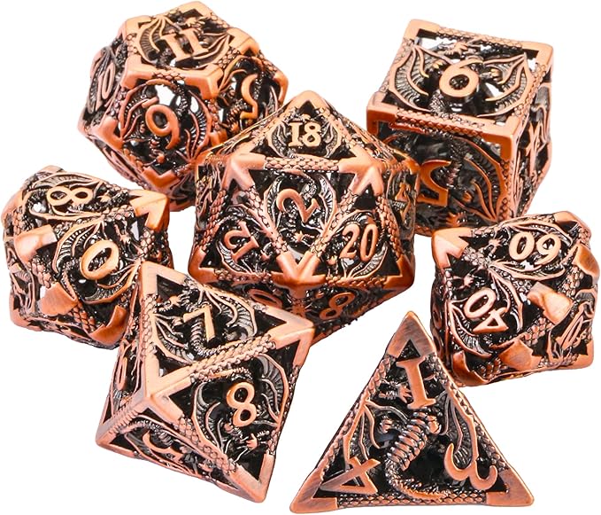 Metal DND Dice Set Dungeons and Dragon Dice Set Hollow Dragon Polyhedral Magic 7 PCS Dice Set with Gift Metal Box for Dungeons and Dragons Table Games Play Cards MTG(Dragon_Ancient Red Copper)
