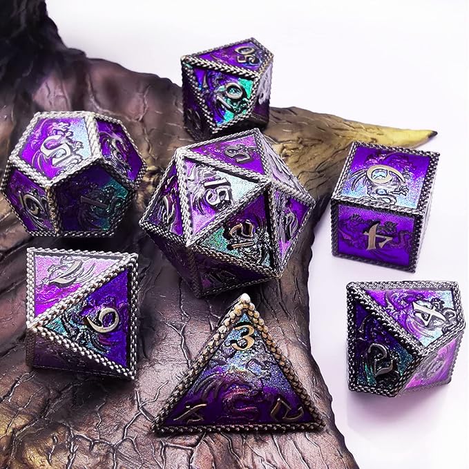 HAOMEJA Dungeons and Dragons Dice Set - Metal 6 Sided Polyhedral Dice for Pathfinder, MTG, Board Games (D20, D12, D10, D8, D6, D4) - Silver, Blue, Purple