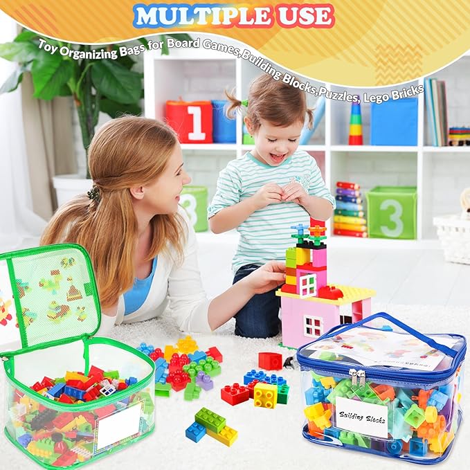 AOBOPLE 6 Pack Clear Toy Storage Bag with Name Tag & Manual Pocket, PVC Clear Toy Organizer Bags with Labels for Lego Bricks, Board Games, Building Blocks, Puzzles