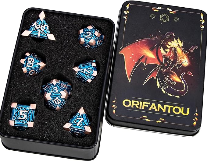 7PCS Metal DND Dice Set with Box, Debris RPG Copper Blue D and D Dice for use with D&D Tabletop Games Role Playing Game Polyhedral Dice Set D20 D12 D10 D8 D6 D4