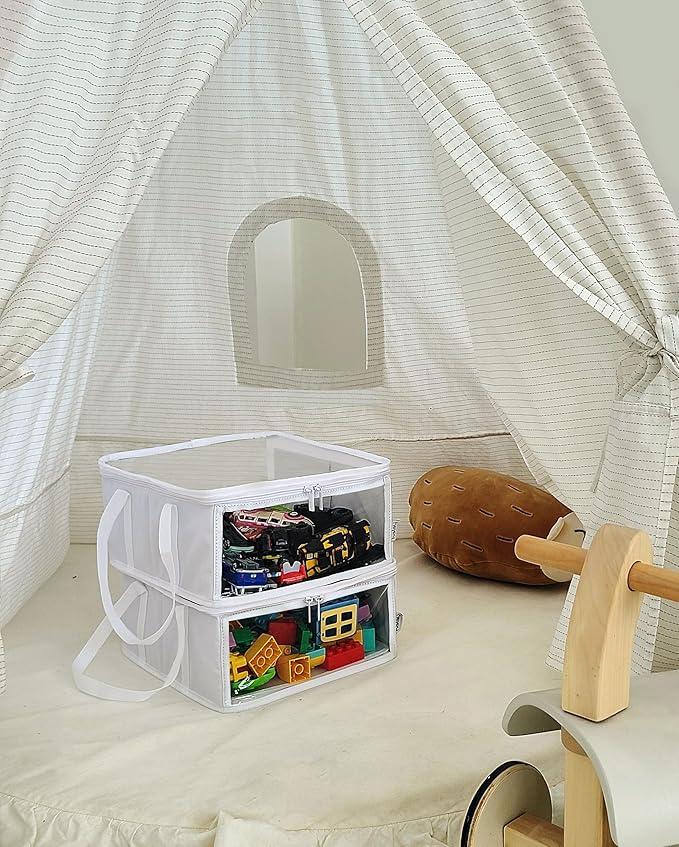 holay 2 Pack Storage Bins PVC Boxes with Transparent Lid & Handles - Durable & Foldable - Multi-Purpose Organizer for Clothes, Books, and More (White, Medium)