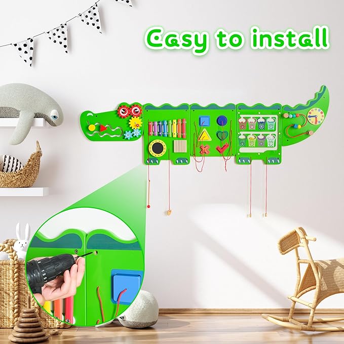 Crocodile Sensory Toys Activity Wall Panels, Educational Montessori Busy Board for Toddlers 18m+, Activity Cube - Sensory Wall, Wooden Learning Toys, Interactive Toys, Green