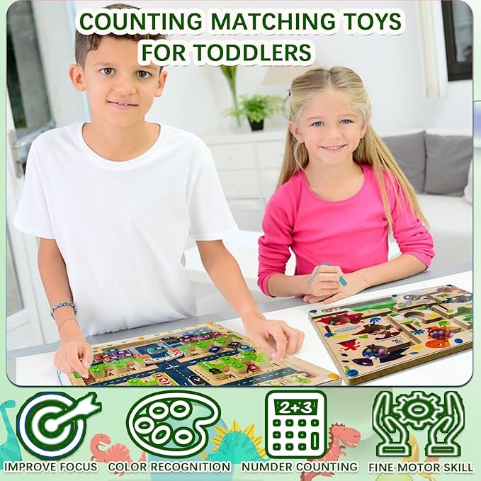 Mom&myaboys Toddler Montessori Wooden Puzzle Activity Board for 3-6 Year Old - Fine Motor Skills Maze Toys, Number and Color Maze Board - Dinosaur Gifts
