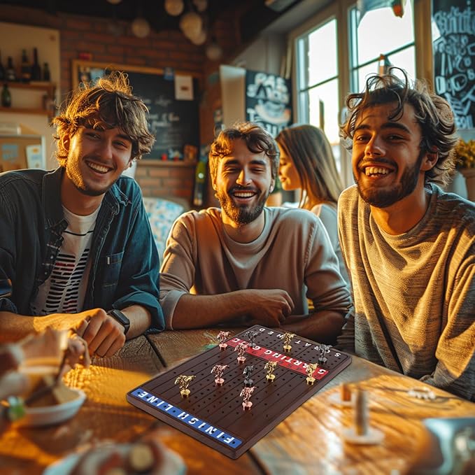 Horse Race Board Game Finish Line Racing Game with 11 Luxurious Metal Horses with 4 Dice and 2 Boxes of Cards Solid Wood Horse Racing Game Board Color Box Packaging (Small, Walnut Color)