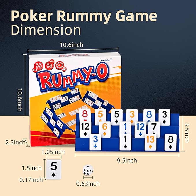 Doublefan Rummy Game, Original Poker Rummy with Color Box, Classic Board Game for Adult and Kids,106 Tiles, 4 Playing Rack, 1 Timing, 1 Dice (2-4 Players)