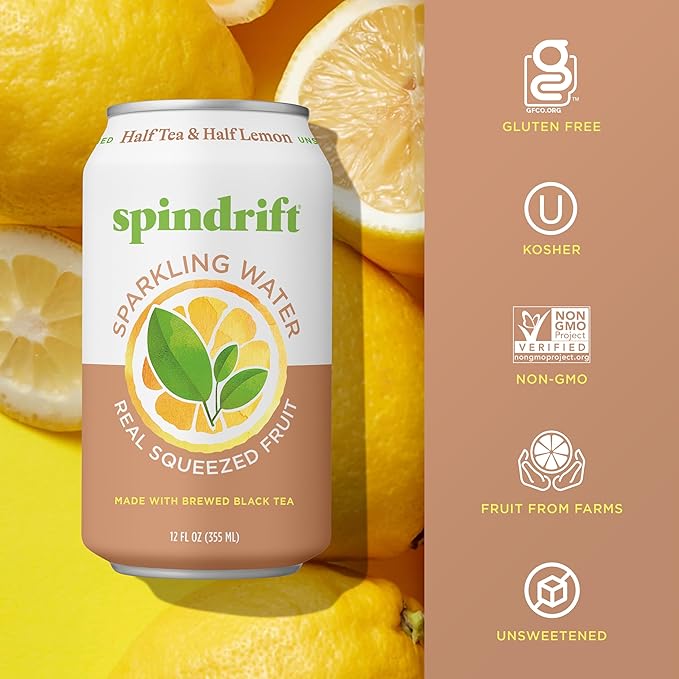 Spindrift Sparkling Water, Half Tea & Half Lemon Flavored, Made with Real Squeezed Fruit, 12 Fl Oz Cans, Pack of 24 (Only 5 Calories per Can)