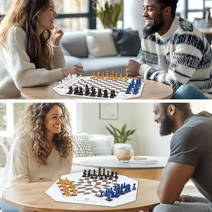 3 or 4 Player Chess Board Game Set,64 Pieces Colorful Chess,Chess Game for Team Chess with a Leather Game Mat