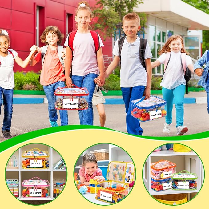 Upgraded 6 Pack Clear Toy Storage Bag - with Name Tag Manual Pocket, Transparent PVC Toy Organizer Case with Zipper for Board Game, Building Block, Puzzle, Large Capacity for Kids Ages 6+ (Colorful)