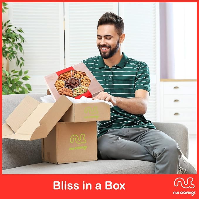NUT CRAVINGS - Mixed Nuts Gift Basket in Red Gold Box (7 Assortments, 2 LB) Food Arrangement, Healthy Snack Care Package, Kosher