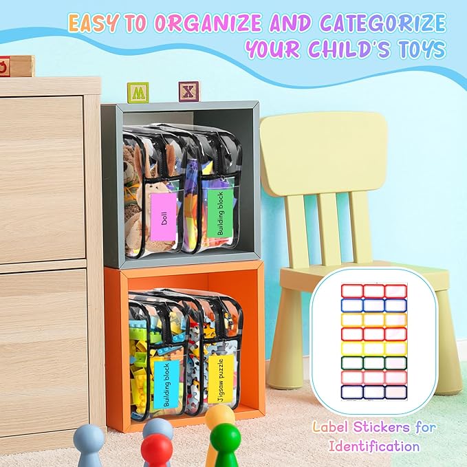 8 Packs Large Toy Storage Bags with Labels&Manual Pocket, Reusable Clear PVC Board Game Storage Bags, Travel Waterproof Organizer Bags with Zipper for Building Blocks, Puzzle, Cosmetic