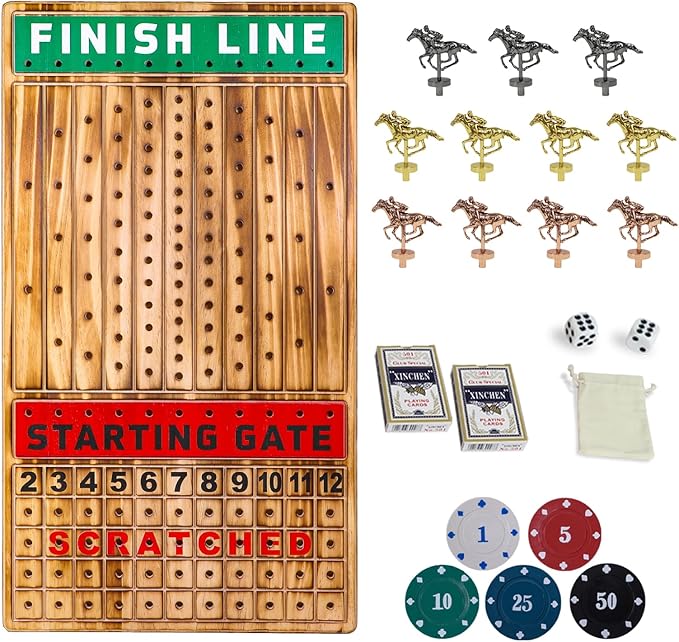 Large 21 inches Horse Racing Board Game with 11 Luxury Metal Horses Thickened Wood Horse Race Game Board with 2 Sets of Dice,2 Boxes of Cards and 100 Poker Chips for Parties and Gambling