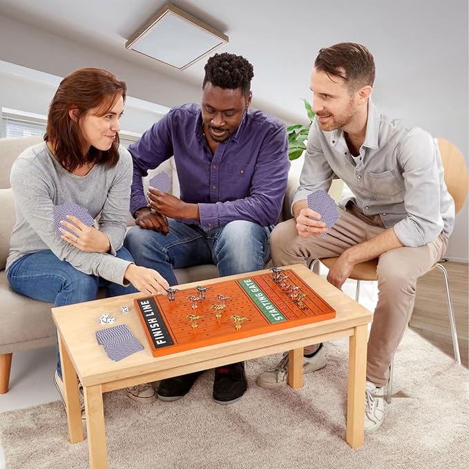 3-in-1 Horse Race Board Game &Checkers & Tic-Tac-Toe ๏ผ3 in1 Wooden Board Game Set for Kids & Adults Travel Family Foldable Horse Racing Board Game with 11 Metal Horses Interactive Strategy Game