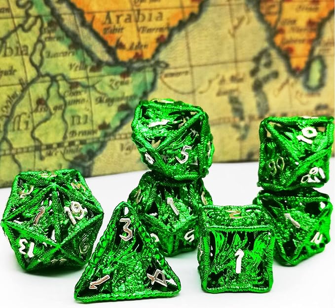 HAOMEJA Hollow Dragon Dice DND Metal Dice Set 7 Role Playing Dice D&D Dungeons and Dragons Dice (Green)