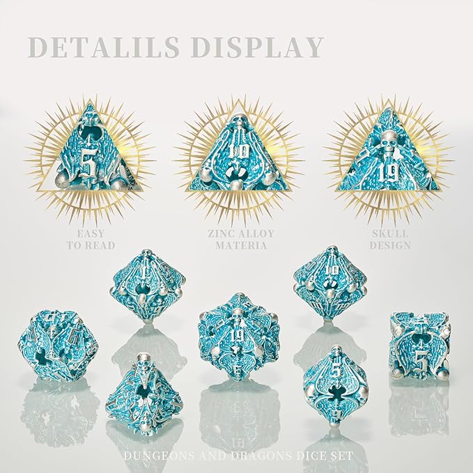 DND Metal Dice Set - Matte Blue White 7 PCS Skull Hollow for Dungeons and Dragons, MTG RPG Role Playing (D&D)