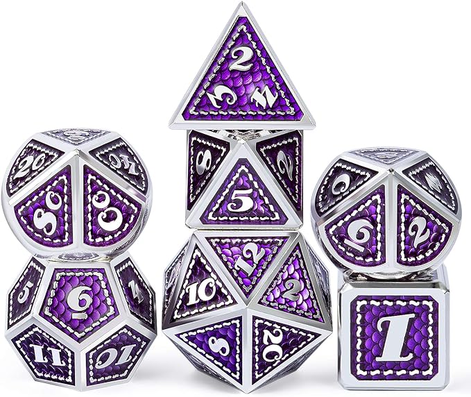 DNDND Metal Dice Set, 7 Pieces Polyhedral Dragon Scale Metallic Die with Gift Metal Case for Dungeons & Dragons D&D (Purple with Silver Edge)
