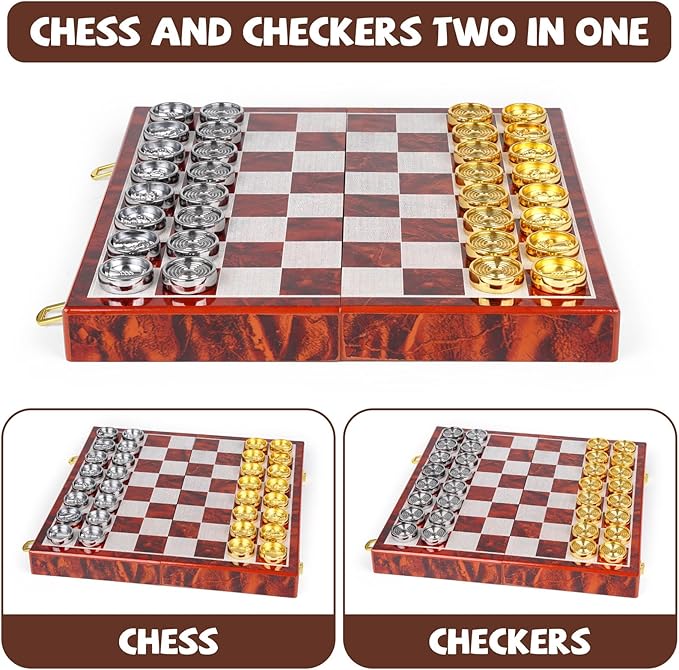 2-in-1 Metal Chess and Checkers Set for Adults & Kids –Travel Chess Sets Luxury Wooden Foldable Chessboard with Storage – Portable Classic Family Strategy Board Game with Metal Chess Pieces