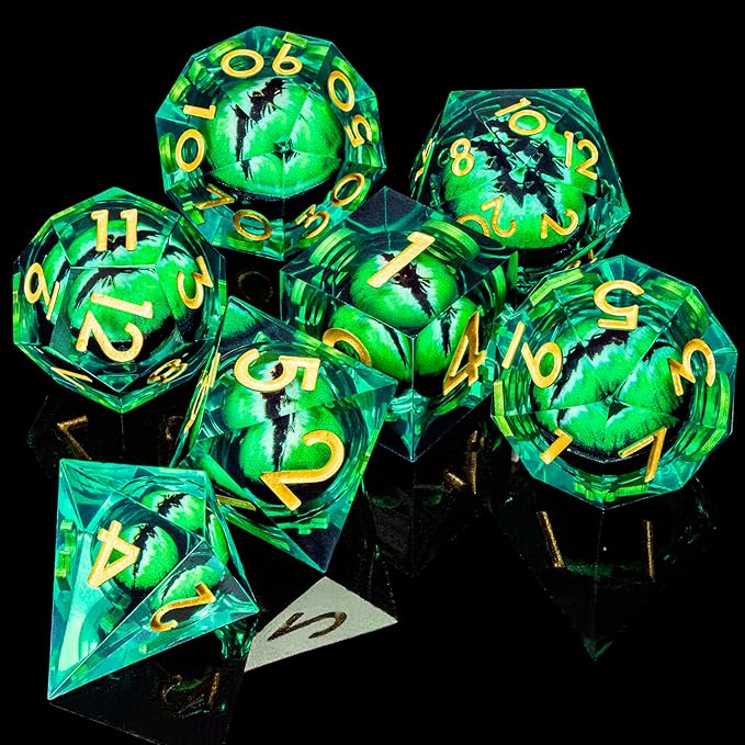 ARUOHHA DND Resin Dice Dragon Eye Dice Liquid Core Green Sharp Edged Dice Set with Gift Box, Dungeons Polyhedral D and D Dice Set Compatible with D&D Role Playing Game D20 D12 D10 D8 D6