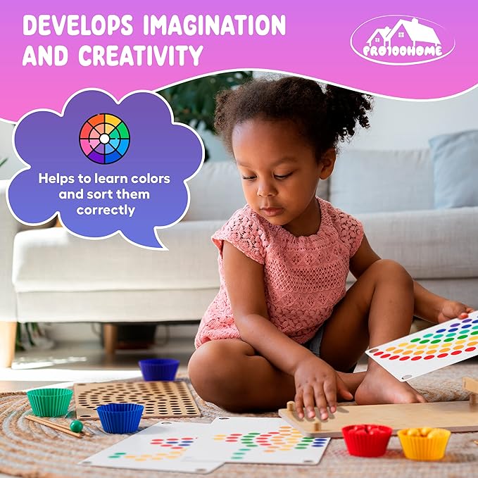 Toddler Wooden Learning Montessori Toys – Wooden peg Board Bead Game Baby Rainbow Stacking Matching Counting Color Sorting Games for fine Motor Math Skills Boys and Girls for 3 4 5 Years Old