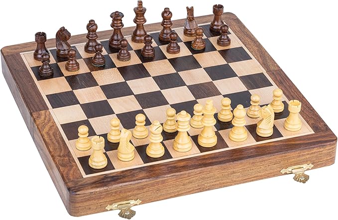 INTAJ Magnetic Wooden Chess Set – 10 Inch Folding Travel Chess Board for Adults and Kids | Handcrafted Acacia Wood Game with Storage Compartment | Decorative Medium Chess Set for Gift and Learning