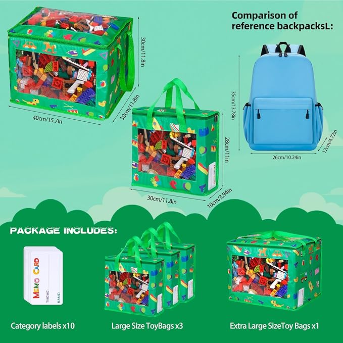 4 Pack Waterproof Toy Storage Bags with Labels,Include 1 Pcs Extra Large and 3 Pcs Large Bags,Oxford Cloth Toy Storage Pouch,Portable Trave Toy Organizer for Board Game, Building Blocks, Puzzle