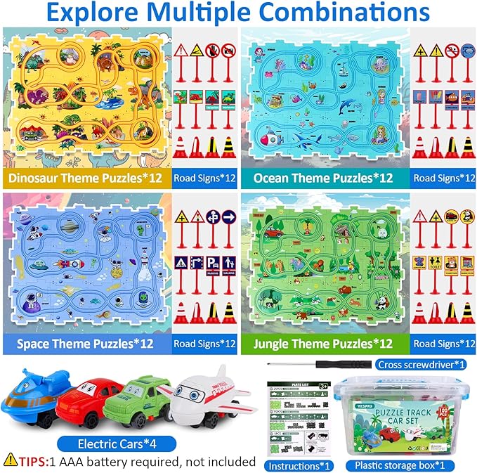 VESPRO 100PCS Kids Car Track Set - 4 Series Toddler Puzzle Racer Play Set, Educational Toys for Boys and Girls Ages 3+
