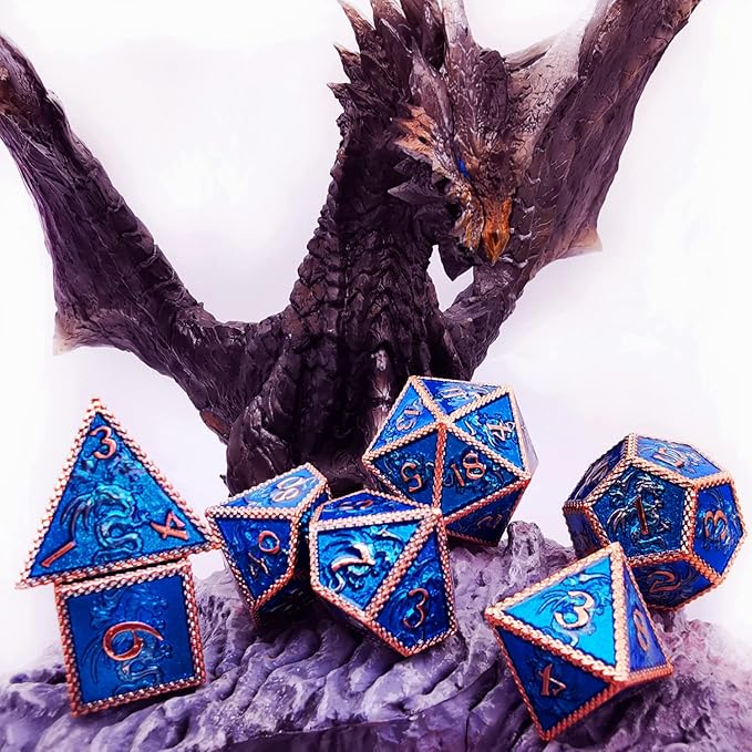 HAOMEJA Dungeons and Dragons Dice Metal Dragons Dice Set DND D&D Dice RPG Games (Glitter Red Copper Blue)