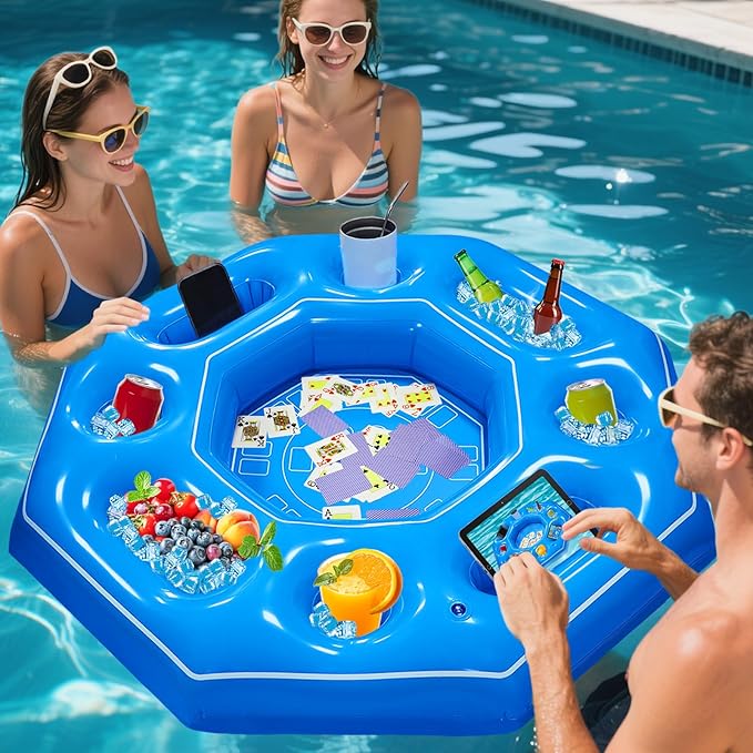 Octagonal Inflatable Game Table with Waterproof Playing Cards, Inflatable Pool Bar Games for Adults, Floating Portable Bar Table Tray for Hot Tub or Pool Beach Party