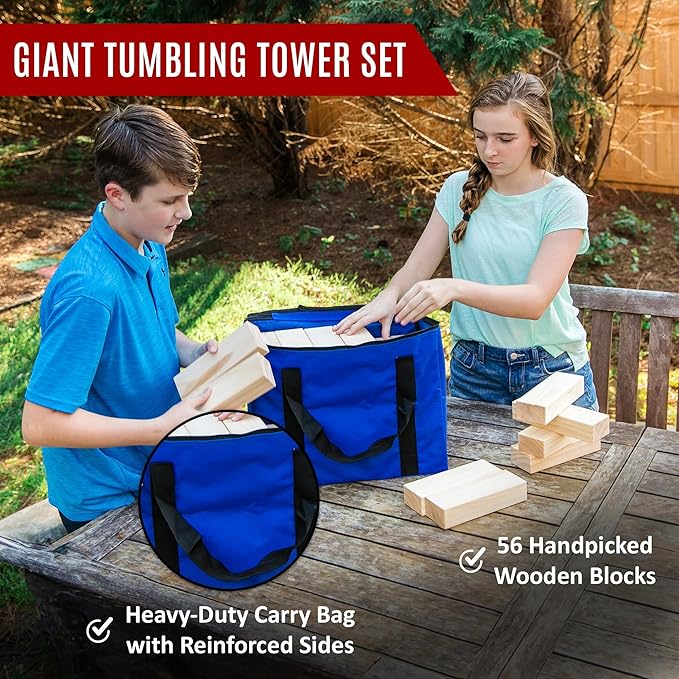 Giant Timber Tower, Outdoor Games Combo, 45 Giant Tumbling Blocks, 28 Giant Dominoes, and 6 Giant Dice, Classic Block Giant Outdoor Game for All Age Groups (Timber Tower)
