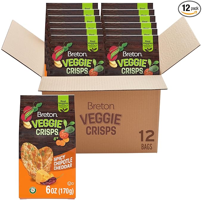 Breton Veggie Crisps Spicy Chipotle Cheddar (Pack of 12) - Popped not Fried Crisps, Made with Real Vegetables, Light and Crispy Gluten Free Chips, Snacks for School, Lunch Box and More, 12x6oz