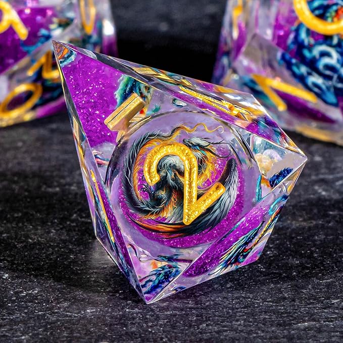 OUKELANWO Liquid Core Dragons Stickers DND Dice Set D&D, 7Pcs Dungeons D and D Role Playing Dice with Gift Box, Resin Sharp Edge Dice D20 D12 D10 D8 D6 D4, Purple Gold