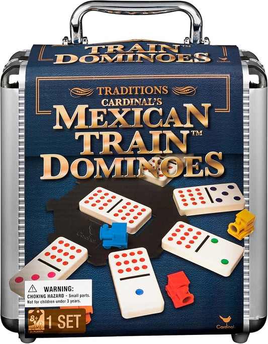 Spin Master Games, Mexican Train Dominoes Set in Aluminum Carry Case, Includes Colorful Trains for Fun-Filled Family Game Night, for Kids & Family, 2-8 Players, for Ages 8 & Up