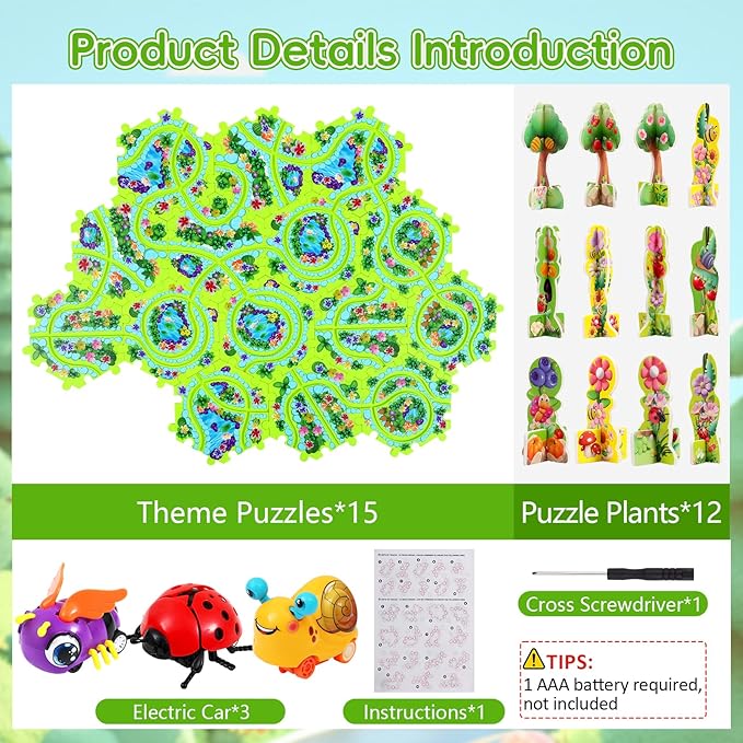 15Pcs Puzzle Racer Kids Car Track Set for Kids, Race Tracks for Toddlers Ages 3-8, Puzzle Track Car Play Set, Educational Puzzles Cars Toys Gifts for 3 4 5 6 7 Year Old Boys (Snail Bee Ladybug)