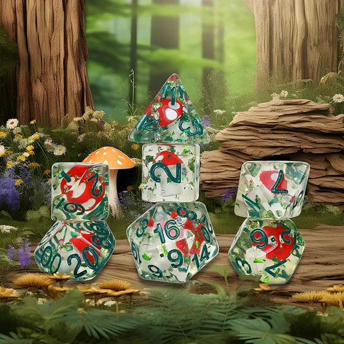 OriCraft Mushrooms Dice DND Dice Set with Poisonous Mushrooms Inside Dungeons and Dragons Polyhedral Role Playing Gaming Dices D20 Dice 7 Set Halloween Dices