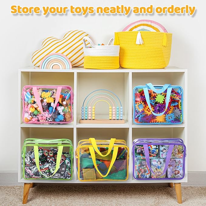 6 Packs Large Toy Storage Bags,Clear Waterproof PVC Toy Storage Organizer with Zipper,Reusable Travel kids Organizer Bags for Board Game,Building Blocks and Puzzles,Colorful
