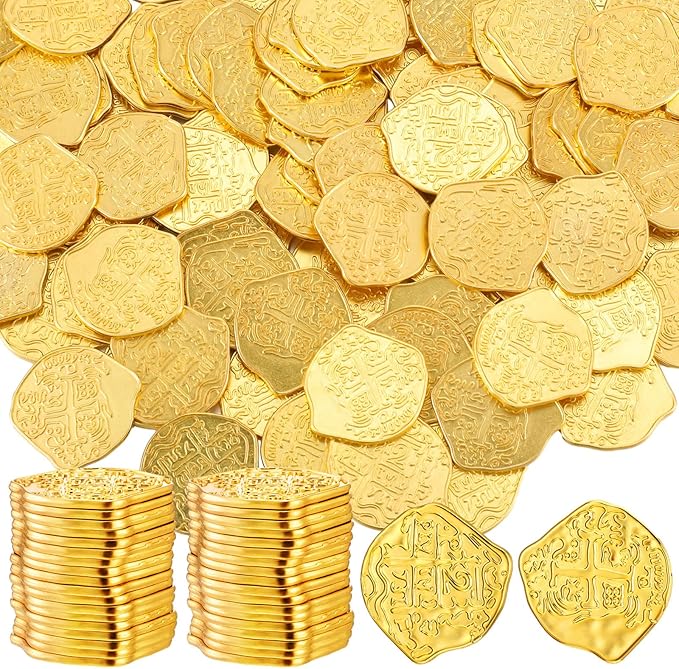 Hanaive 200 Pcs Metal Pirate Coins Set Gold Coins Treasure Chest Spanish Doubloon Fake Tokens for Boys and Girls Board Games Pirate Party Cosplay(Gold)