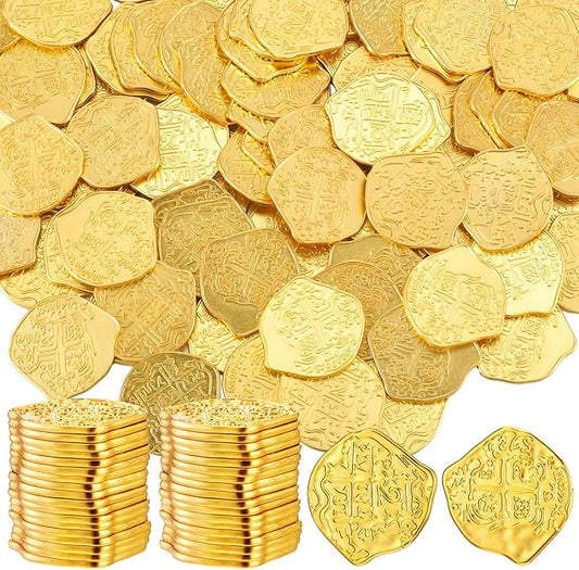 Hanaive 200 Pcs Metal Pirate Coins Set Gold Coins Treasure Chest Spanish Doubloon Fake Tokens for Boys and Girls Board Games Pirate Party Cosplay(Gold)
