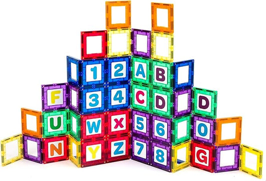 Playmags Magnetic Tile Building Set: Exclusive Educational Clickins 36-Pc. Kit: 18 Super Strong Clear Color Magnet Tiles Windows & 18 Letters & Numbers Stimulate Creativity & Brain Development