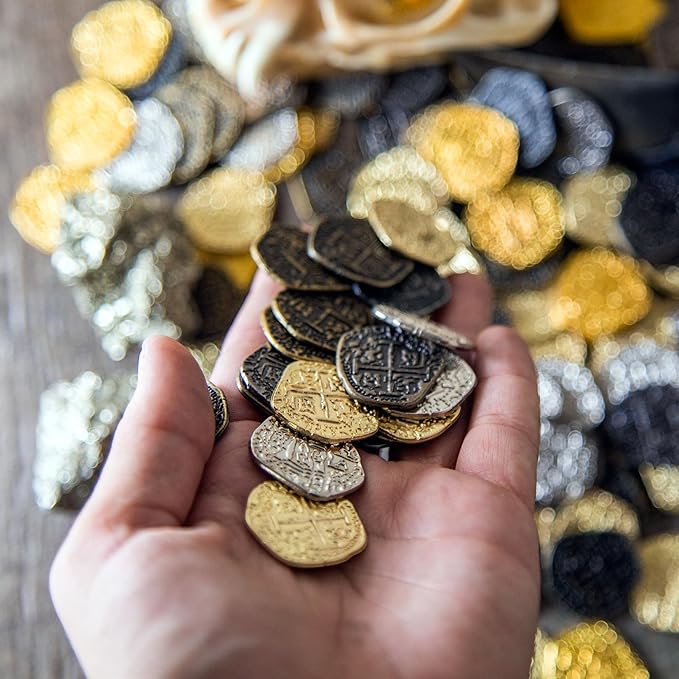 Beverly Oaks Metal Pirate Coins - Gold and Silver Spanish Doubloon Replicas - Fantasy Metal Coin Pirate Treasure (100)