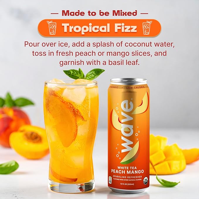 WAVE Sparkling Refreshers | Sparkling Juice | Organic Hydration | Low Calorie Drink | Lightly Carbonated Soda Alternative | No Added Sugar or Artificial Ingredients | White Tea Peach Mango | 12 Pk.