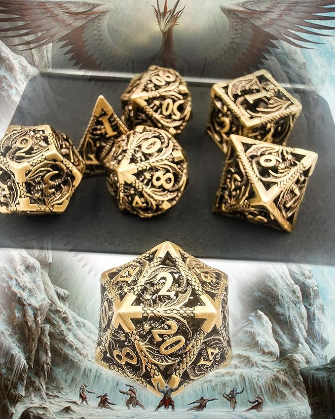 Metal DND Dice Set Dungeons and Dragon Dice Set Hollow Dragon Polyhedral Magic 7 PCS Dice Set with Gift Metal Box for Dungeons and Dragons Table Games Play Cards MTG(Dragon_Ancient Bronze)