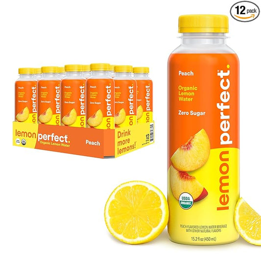 Lemon Perfect Peach, Flavored Lemon Water, Organic, Zero Sugar, Healthy Hydration Drinks, 15.2 fl oz Bottles (12-Pack)