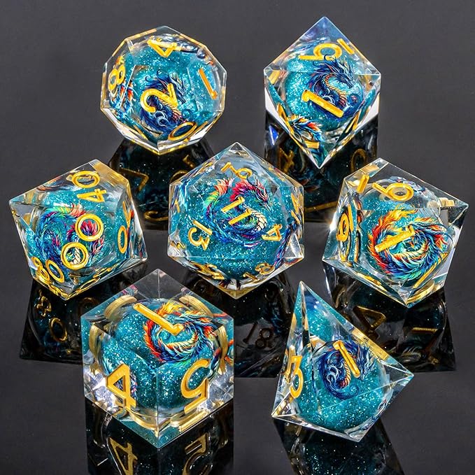 Dragon Pattern Liquid Core DND Dice Set, 7Pcs Sharp Edge Dice with Gift Box, Resin Blue Dungeons Dragons D and D Role Playing Dice D20 D12 D10 D8 D6 D4