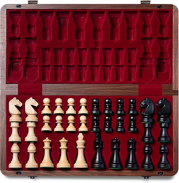 A&A Premium Natural Walnut Folding Chess Board Game Set, 15" Wooden Chess Board & 3" King Height Staunton Chess Pieces with 2 Extra Queens, Portable Travel Chess Set with Storage Bag for Adults & Kids