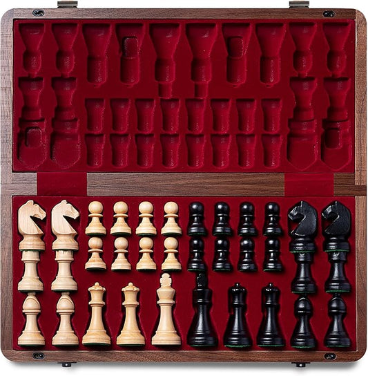 A&A Premium Natural Walnut Folding Chess Board Game Set, 15" Wooden Chess Board & 3" King Height Staunton Chess Pieces with 2 Extra Queens, Portable Travel Chess Set with Storage Bag for Adults & Kids