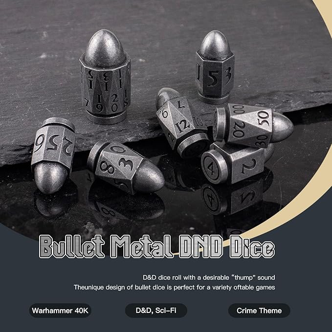Dice Set PCCECQEE Bullet Dice,Metal D&D Dice for Dungeons and Dragons,7Piece for Role Playing Game (Antique Sliver)