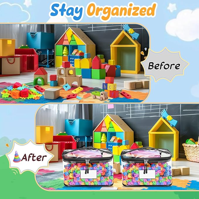 Aliceset 8 Pack 13.5 inch Extra Large Clear Toy Storage Bag with Name Tag Pocket Reusable Clear PVC Board Game Storage Travel Waterproof Bags with Zipper for Building Blocks Puzzle Books