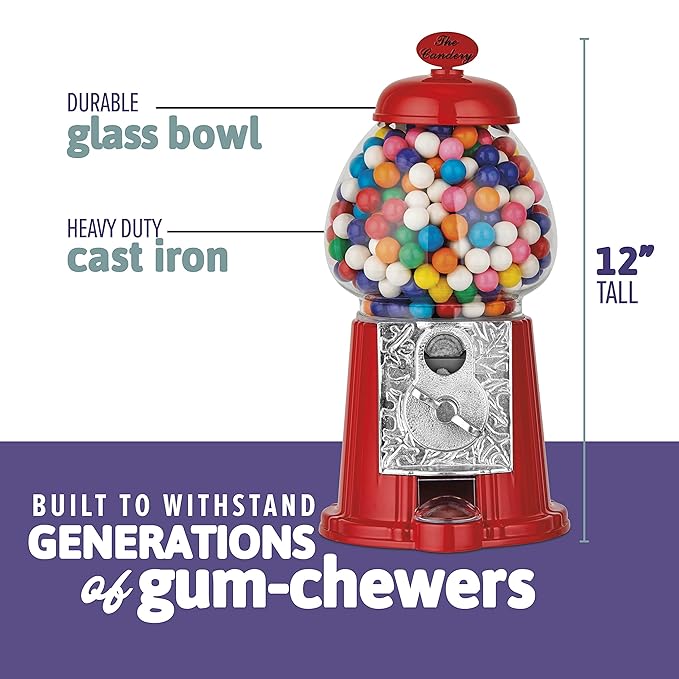 Gumball Machine - 12 Inch Candy Dispenser for 0.62 Inch Bubble Gum Ball and More - Vintage Heavy Duty Red Metal with Large Glass Ball- Easy Twist-Off Refill - Free or Coin Operated - by The Candery