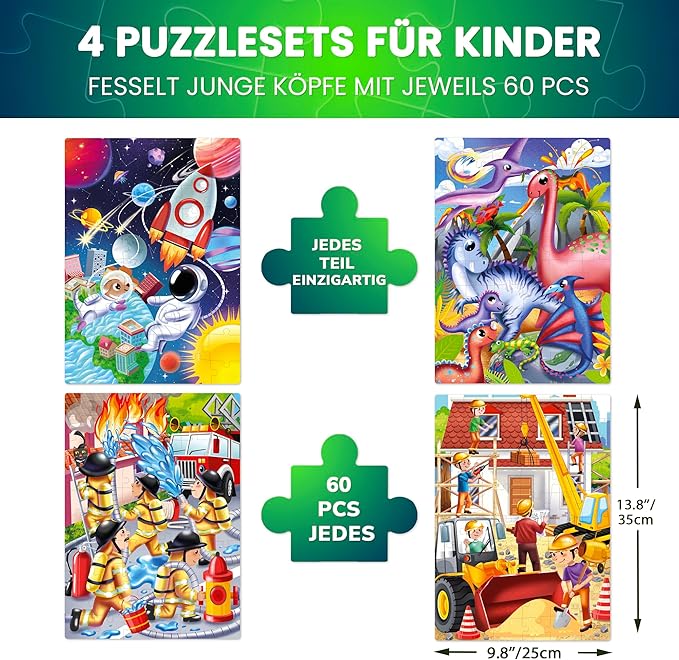 QUOKKA Puzzles for Kids Ages 4-6 - Set of 4x60 Jigsaw Puzzles for Toddlers 3-5 - Space, Dino, Firefighters Toys for Children 6-8 yo - Gift Educational Game for Boys & Girls