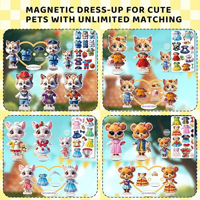Yuzee Magnetic Dress Up Games Cute Pets Set with Storage Box, 55 Pieces of Clothing Magnets and 4 Cute Animal Figures Accessories, Magnetic Travel Toys Reusable, Foster Creativity and Imagination (A)